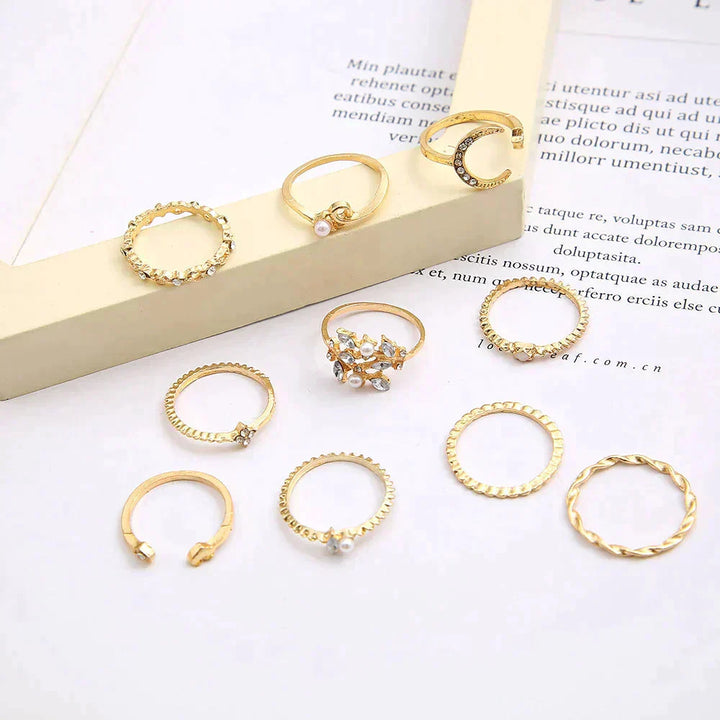 Set of 10 Silver and Gold Bohemian Rings