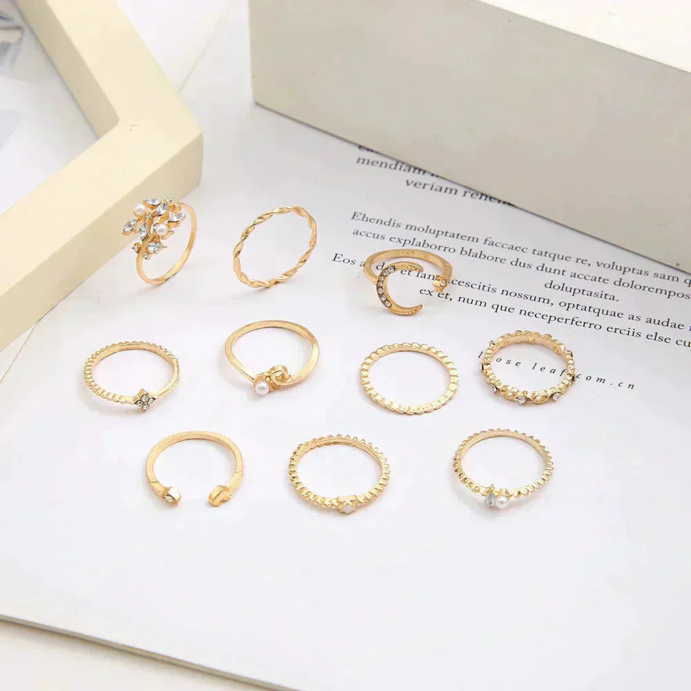 Set of 10 Silver and Gold Bohemian Rings