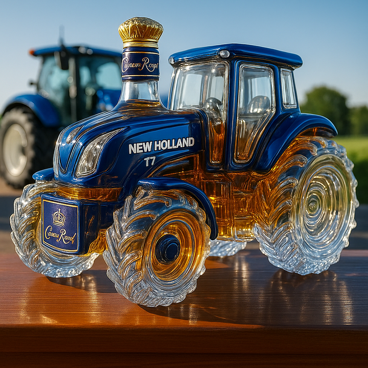 Traditional whisky bottle in the shape of a New Holland T7 tractor