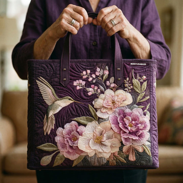 Purple Quilted Bag with Hummingbirds and Orchids